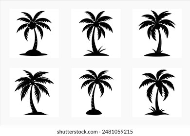 El "Vector de silueta de árbol de coco" es un gráfico versátil de alta calidad que captura perfectamente la forma distintiva de un árbol de coco en un contorno negro y elegante.  