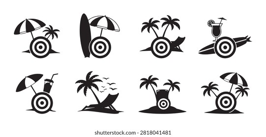 Coconut tree silhouette vector set, tropical tree icon design, beach palm, summer tree. Black and white of beach and summer themes, vector illustration.