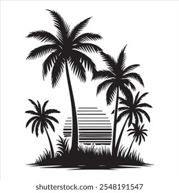 Coconut Tree Silhouettes with Sunset Background