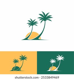 Silhueta de coqueiro com vetor de projeto de praia de pôr do sol