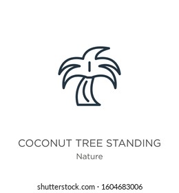 Coconut tree standing icon. Thin linear coconut tree standing outline icon isolated on white background from nature collection. Line vector sign, symbol for web and mobile