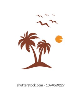 Coconut Tree with Sun and Bird. Ocean Vector Illustration.