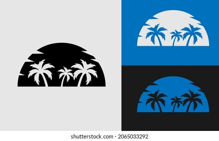 coconut tree and sun half logo icon elements. good for tourism agency vacation and promotion. simple flat vector design.