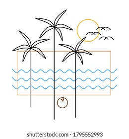 Coconut Tree and Sun Line Art