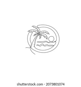 ÁRBOL DE COCOTERO Y SOL EN LA LÍNEA CONTINUA DEL ICONO DE ILUSTRACIÓN DE LA PLAYA