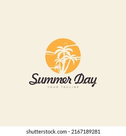coconut tree with sun in summer logo vector circular icon symbol illustration design
