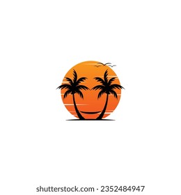 Coconut tree, sunset and hammock vector graphics