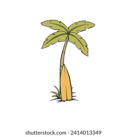 coconut tree with surf board cartoon illustration