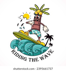 Coconut tree surfing the waves character mascot. Suitable for logos, mascots, t-shirts, stickers and posters