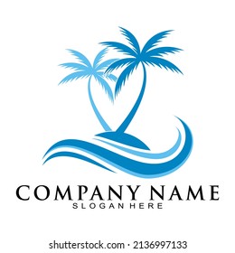 Coconut tree with wave illustration vector logo