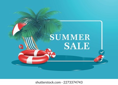 coconut tree,lifebuoy,deck chair, volleyball,umbrella all place on side of square frame with words summer sale and all on sea water,vector3d on blue background  for shopping summer sale concept design