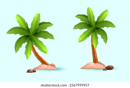 coconut trees 3D cartoon symbols isolated on the light blue background.summer and beach side tropical plants concept clip art vector illustration.