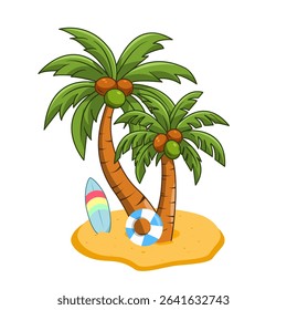 Coconut Trees, Beach Buoy on sands, and Surfboard in the Paradise Island Vector Illustration