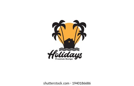 coconut trees with beach home holiday logo vector symbol icon design illustration