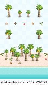 Coconut trees and beach objects for beach scene on oblique projection. Images are designed to align into square grid for easy game tile-mapping.