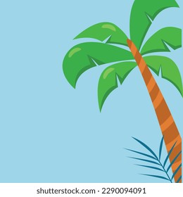 Coconut trees with beach sand on blue background.
