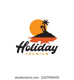 coconut trees beach sand seashore sunset afternoon holidays sea vintage logo design vector icon