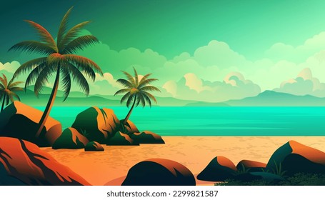 Coconut trees in the beach with some big rocks, beautiful vibrant color landscape