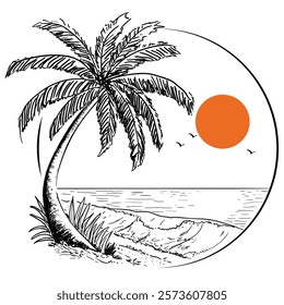 Coconut trees and beach sunset drawing illustration. Coconut sketch drawing	