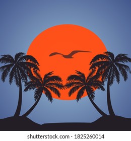 Coconut trees and bird at sunset 