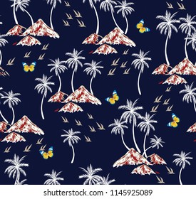 coconut trees with butterfly pattern on navy background