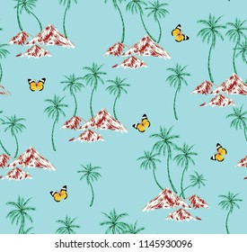 coconut trees with butterfly pattern on blue background