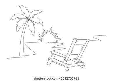 Coconut trees and chairs in the summer sun. Summer concept one-line drawing