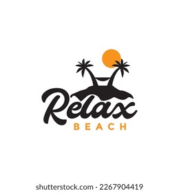 cocoteros y hamacas vacaciones playa puesta de sol relajar diseño vintage logo vectorial icono