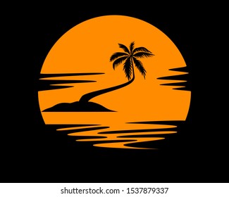 The coconut trees have the sunset as the background and the sea at sunset.