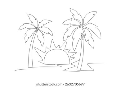 Coconut trees in the hot summer sun. Summer concept one-line drawing