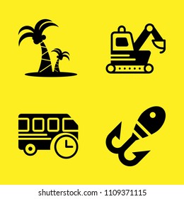 coconut trees, loader, fishing and bus vector icon set. Sample icons set for web and graphic design