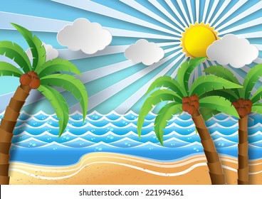 Coconut trees on the beach and sun shining.vector illustration paper art style.