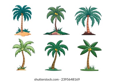 Cocoteros y palmeras. Colección de ilustraciones vectoriales de diseño plano sobre fondo blanco