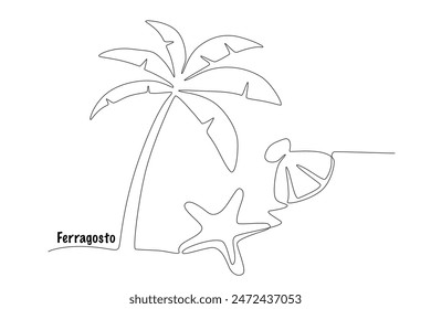 Coconut trees and shells. Ferragosto concept one-line drawing