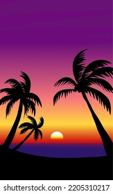Cocoteros en silueta al atardecer. Paisaje natural vectorial con playa tropical