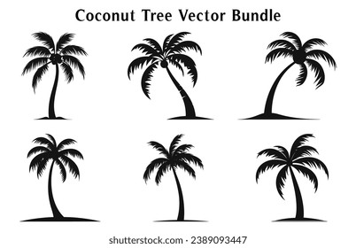 Coconut trees Silhouette Vector set isolated on white background, Coconut tree silhouettes Bundle