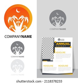 Árboles de coco con símbolo del logotipo del hipster del atardecer icono vector gráfico ilustración de diseño