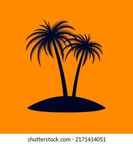 Coconut Trees or Tropical Palm Trees on Orange Background. Simple Black Silhouette for Eco Floral Logotype Emblem in Retro Art, or Travel Logo Design