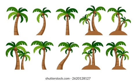 Colección de diseño de Ilustración vectorial de árboles de coco, Elementos gráficos tropicales, de playa de verano y de Hawái para decoración en estilo plano, arte de Clip de dibujos animados, pictograma de árboles aislados (editable)
