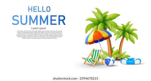 coconut trees,beach umbrella,beach chair and holiday summer sport objects isolated on white background. hello summer clip art design and advertising banner vector illustration.
