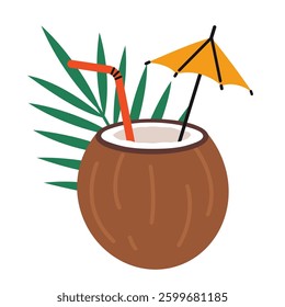 Coconut tropical cocktail, shells, umbrella, straw and leaf. Modern vector illustration isolated on white background, hand drawn, flat design