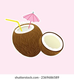 Tropische Cocktails aus Kokosnuss. Illustration einer Kokosnuss mit einem Cocktail im Inneren mit Strohhalmen und einem Regenschirm. Kokospalmenwasser, tropische Strandbar. Doodle-Stil. Retro, Vektorgrafik.