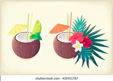 Coconut tropical cocktails with lime, mint, frangipani (plumeria), hibiscus flowers and palm leaves. Coconut water, tropical beach bar. Retro vector illustration