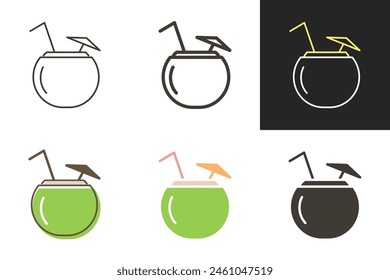 Coconut tropical drink with umbrella and straw icon. Fruit cocktail water juice vector graphic elements