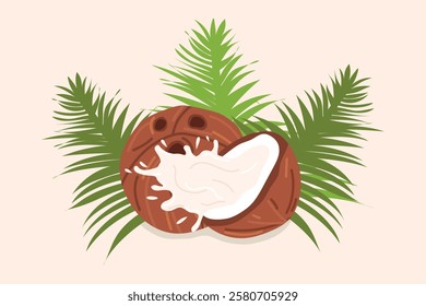 coconut. The tropical fruit is coconut. chips. coconut grew on a palm tree. coconut milk. an artful cocktail. a fruit painted in a flat style. vector. delicious milk.