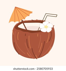 coconut. The tropical fruit is coconut. chips. coconut grew on a palm tree. coconut milk. an artful cocktail. a fruit painted in a flat style. vector. delicious milk.