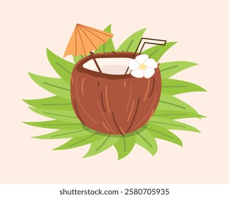 coconut. The tropical fruit is coconut. chips. coconut grew on a palm tree. coconut milk. an artful cocktail. a fruit painted in a flat style. vector. delicious milk.