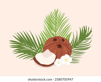 coconut. The tropical fruit is coconut. chips. coconut grew on a palm tree. coconut milk. an artful cocktail. a fruit painted in a flat style. vector. delicious milk.