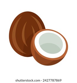 Coconut tropical fruit flat icon. Whole and half cut coconut vector illustration.