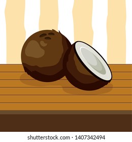 coconut tropical fruits on wooden table vector illustration